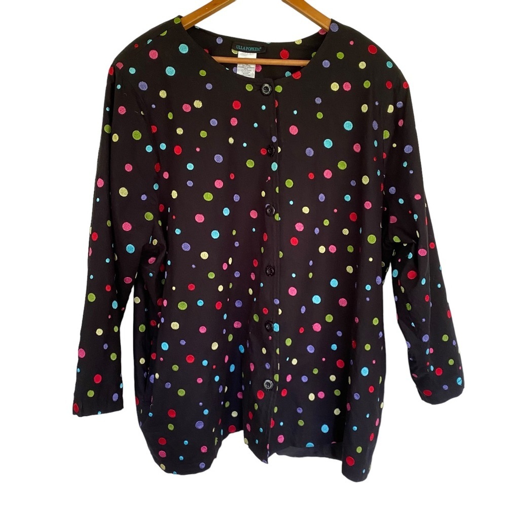 Ulla Popken Cotton Jacket Blazer Top Black Polka Dot Colorful Embroidery 24/26